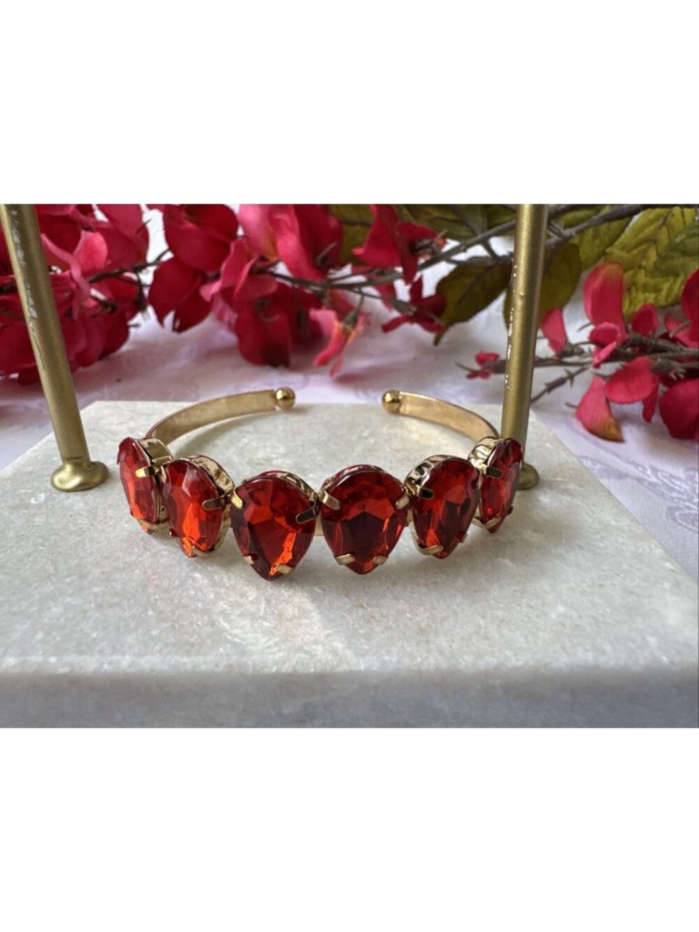 Red Teardrop Faux Crystal Goldtone Rhinestone Cuff Bracelet Womens Party NEW